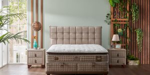 Set bază pat și tăblie Cotton Master Bambi, structură oțel ranforsat, ladă depozitare cu sistem hidraulic, picioare lemn natural 10cm, design elegant.