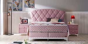 Set bază pat și tăblie Pinky Bambi, structură oțel ranforsat, ladă depozitare, picioare lemn masiv 10cm, compatibil noptiere smart cu Bluetooth.