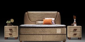 Set bază pat și tăblie Serenity Bambi, design parțial matlasat, structură oțel ranforsat, ladă depozitare, picioare lemn natural 10cm.