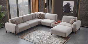 Coltar modular Puzzle Ferremo configuratie L, structura otel, material textil gri, picioare inalte