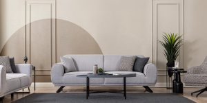 Set canapele Bornova cu sistem de mărire a șezutului prin culisarea spătarului, picioare metalice/lemn și perne decorative incluse.