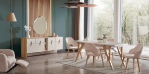 Set de sufragerie model LUGANO cu finisaje de lemn cald și linii moderne, incluzând masă, bufet și vitrină, disponibil la Ferremo Otopeni.