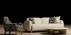 Canapea modernă BIGA cu design organic curbat, tapițerie premium deschisă la culoare și bază din lemn masiv – disponibilă la showroom Ferremo Otopeni.