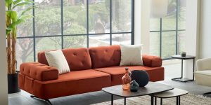 Set living FABIUS format din canapea 3 locuri și fotoliu berjer în showroom Ferremo.