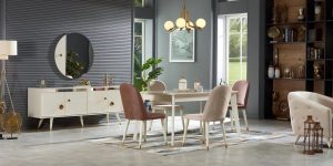 Set dining complet Lavenya cu masă extensibilă ecru și scaune ergonomice.